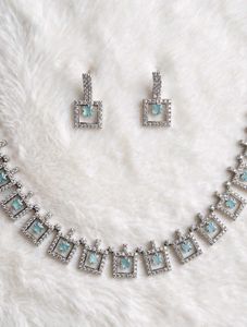 Stunning Diamond &amp; Blue Stone Necklace &amp; Earrings