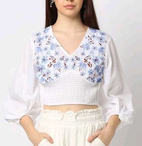 Embroidered White V-Neck Smocked Crop Top