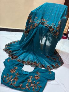 cut work and  Embroidered sequence Saree