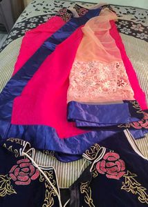 Stunning Pink &amp; Blue Embroidered Saree with Design