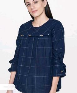 Navy Blue Plaid Bell Sleeve Top