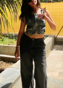 denim corset with white crop shirt