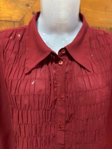 Chic Red Smocked Button-Up Shirt