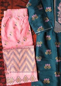 Teal Floral Kurta Set with Pink Bottom