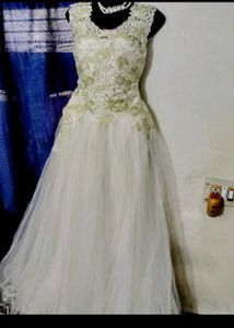Elegant White &amp; Green Lace Dress
