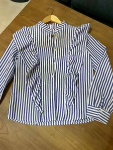 Blue and White Striped Ruffle Shirt