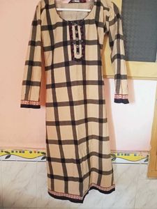 Elegant Beige Check Kurta Set with Dupatta