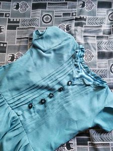 Chic Teal Pleated Button-Up Dress
