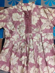 Floral Print Kurta with Embellished Neckline