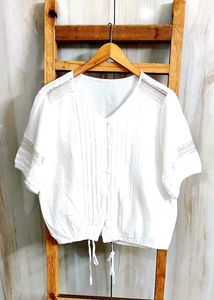 White Lace Trim V-Neck Blouse Size-38