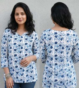 Blue Floral Print Cotton Kurta