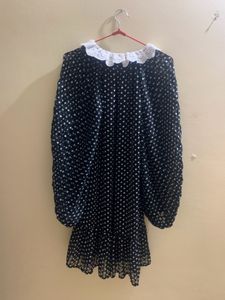 Black Polka Dots Dress Pleated Sleeves