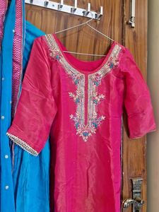 Beautiful Pink Embroidered Kurta with Blue Dupatta