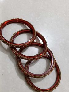 Red Glass Bangles with Gold Accent