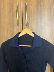 Navy Ruched Collared Long Sleeve Top