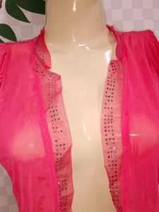 (600)Pink Ruffle Hem Cardigan