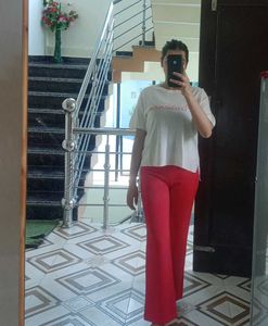 Red Ribbed Trouser For Women