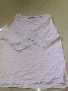 Pink Striped Lace Sleeve Top