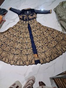 Elegant Blue &amp; Gold Anarkali 3 psc set