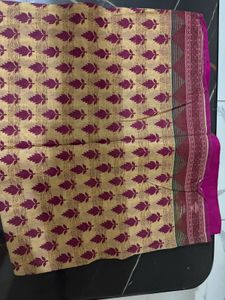 Elegant Golden Beige &amp; Maroon Floral Printed Saree