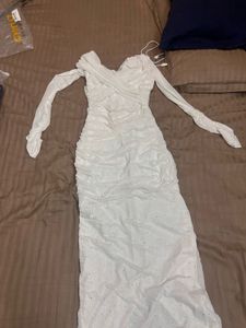 Sparkly White Ruched Long Sleeve Dress