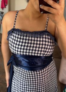 Blue &amp; White Gingham Dress with Lace Trim