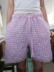 Pink Gingham Pajama Shorts with Lace Trim