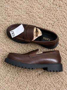 Zara Brown Leather Penny Loafers