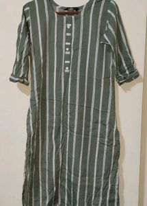 Olive Green & White Striped Straight Kurti | Casua