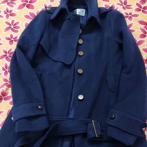 Blue Long Winter Jacket with a belt