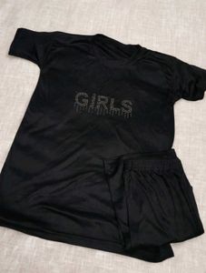 Girls Black Rhinestone T-Shirt & Shorts Set