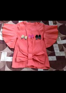 Coral Bow Detail Flutter Sleeve Top
