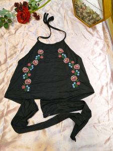 Embroidered Halter Neck Crop Top
