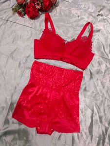 Red Lace Bra and High-Waisted Shorts Set