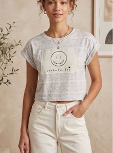 Grey Smiley Face Cropped T-Shirt