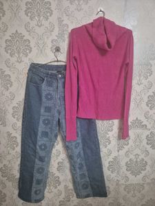 Pink Turtleneck Sweater &amp; Patchwork Jeans
