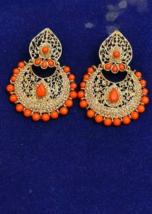 Gold Tone Orange Beaded Earrings