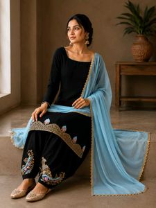 Beautiful Sky Blue and black partywear suit set