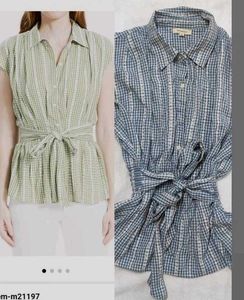 Blue Gingham Tie-Waist Tunic Top
