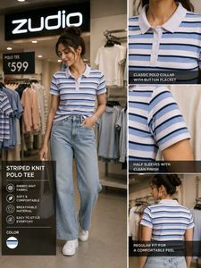 zudio Blue Striped Knit Polo Tee 💙✨