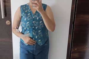Boho Blue Floral Button-Up Vest