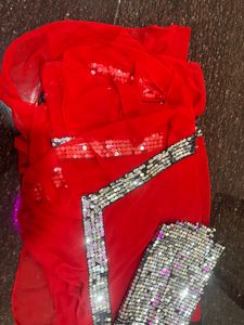 Red Frill Saree With Sequin Lace And Sequin Blouse
