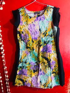 Abstract Print Dress with Solid Black Trim