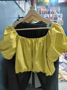 Yellow Puff Sleeve Bardot Top