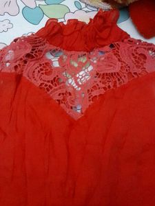 Red Ruffled Neck Sleeveless Top