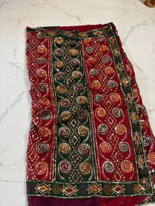 Red &amp; Green Embroidered Saree