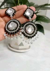 Statement Earrings - Black & Crystal Dangles