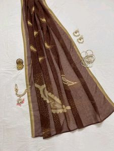 Elegant Brown Saree with Gold Motifs