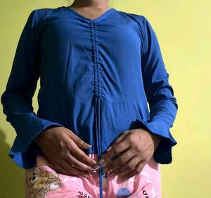 Blue Ruched Long Sleeve Top