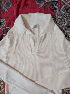 Cream Ribbed Collared Sweater